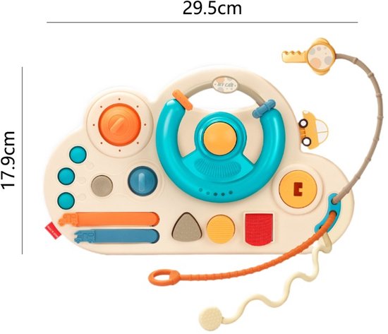 Montessori Baby Speelgoed & Busy Board - Fijne Motoriek Training - Interactief Auto Stuur met Geluid, Sleutels, Bijtring & Trektouw - Educatief Kinderen - Activity centre - Educatief Activiteitenbord - Kraamcadeau - Verjaardag Cadeau - 18 Maand +