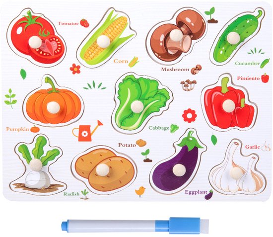 Educatieve Houten Knoppenpuzzel - Groente - 2-in-1 Vormenpuzzel & Whiteboard inclusief Stift - Montessori Speelgoed voor Peuters - Blokpuzzel kind - Educatief Spel voor 3 4 5 6 7 Jaar - Ontwikkeling Fijne Motoriek