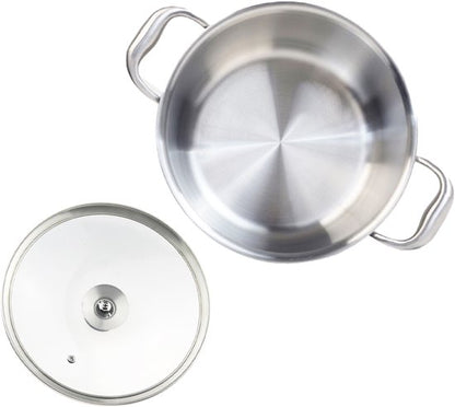 RVS Soeppan met Glazen Deksel - Ø 26 cm - 4.5 Liter - Geschikt voor Inductie & Gas - Hoge Kookpan - Zilver - PFAS-vrij - Grote Roestvrij Stalen Bouillonpan & Stamppotpan - Vaatwasserbestendig