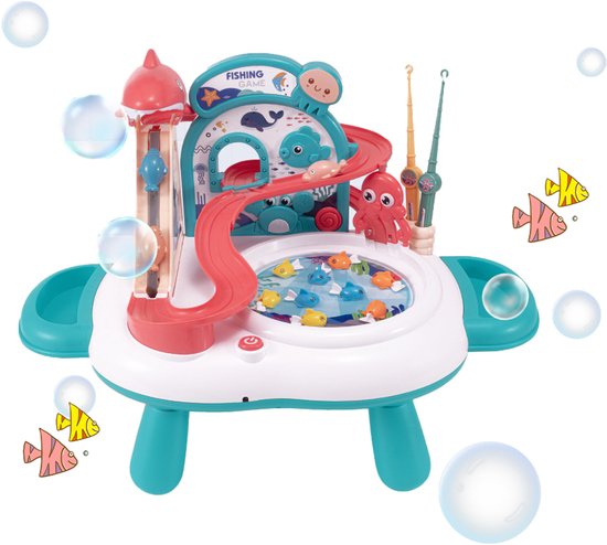 Interactive 3-in-1 Play Table & Fishing Game - Electric Toy with Slide, Music & 2 Fishing Rods - Magnetic Fishing Game for Indoors - Fishing Set Toy - Playset with Fishing Game - Gift for Kids 3 Years, Green 