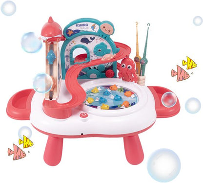 Interactive 3-in-1 Play Table & Fishing Game - Electric Toy with Slide, Music & 2 Fishing Rods - Magnetic Fishing Game for Indoors - Fishing Set Toy - Playset with Fishing Game - Gift for Kids 3 Years, Red 