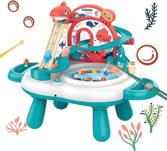 Interactive 3-in-1 Play Table & Fishing Game - Electric Toy with Slide, Music & 2 Fishing Rods - Magnetic Fishing Game for Indoors - Fishing Set Toy - Playset with Fishing Game - Gift for Kids 3 Years, Green 