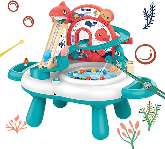 Interactieve 3-in-1 Speeltafel & Visspel - Elektrisch Speelgoed met Glijbaan, Muziek & 2 Hengels - Magnetisch Vissen Spel voor Binnen - Fishing Set Speelgoed - Speelset met Visspel - Cadeau voor Kinderen 3 Jaar, Groen