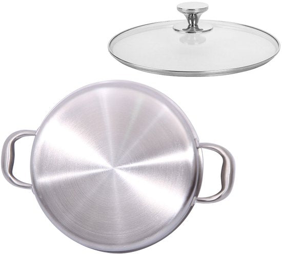 RVS Soeppan met Glazen Deksel - Ø 26 cm - 4.5 Liter - Geschikt voor Inductie & Gas - Hoge Kookpan - Zilver - PFAS-vrij - Grote Roestvrij Stalen Bouillonpan & Stamppotpan - Vaatwasserbestendig