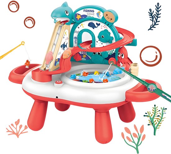 Interactive 3-in-1 Play Table & Fishing Game - Electric Toy with Slide, Music & 2 Fishing Rods - Magnetic Fishing Game for Indoors - Fishing Set Toy - Playset with Fishing Game - Gift for Kids 3 Years, Red 