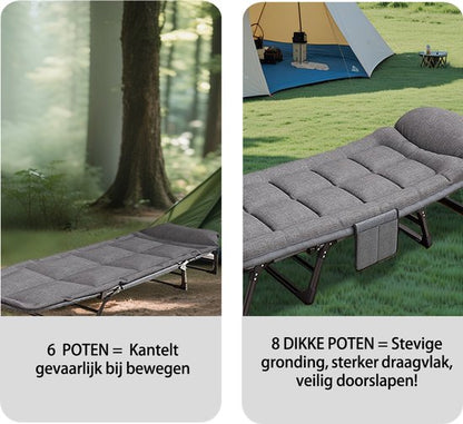 Veldbed - Camping bed - Logeerbed met Kussen- Opvouwbaar Kampeerbed - 190x66x30 cm - Strandbed - Versterkt 8-Poots - Met 3x Lendensteun - Stevig Kussen - Inklapbaar - Antraciet/Grijs - Ideaal voor Tuin, Kamperen & Reis