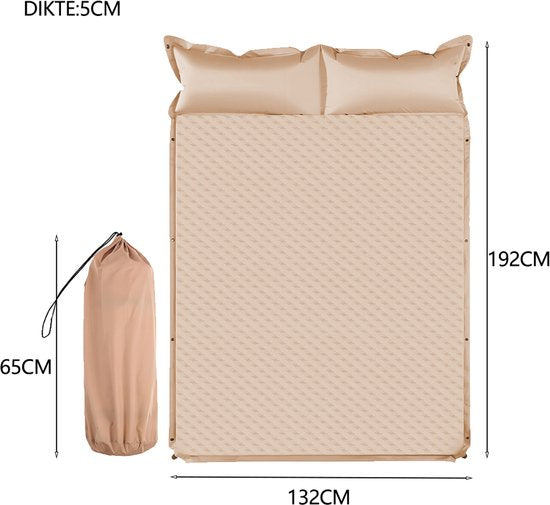 Slaapmat - Dubbel Campingmatras 192x132 cm Extra Breed - 5 cm Dikte - Incl. Stofvrije Hoes - Comfortabe - Opvouwbaar Kampeermatras - Logeermatras - 2-Persoons - Kaki