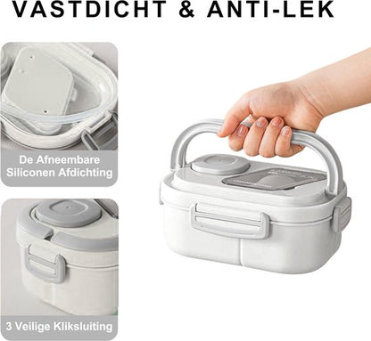 Lunchbox Set 1200+600ml voor Vaatwasser & Magnetronbestendig - Yoghurt en Muesli beker to go - broodtrommel met sausbox ‌en bestek‌ - Lunchpot met Isolerende Draagtas -Bento box voor volwassenen en kinderen‌ - Voor Werk, School, Picnic - Wit
