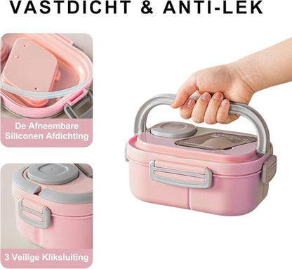Lunchbox Set 1200+600ml voor Vaatwasser & Magnetronbestendig - Yoghurt en Muesli beker to go - broodtrommel met sausbox ‌en bestek‌ - Lunchpot met Isolerende Draagtas -Bento box voor volwassenen en kinderen‌ - Voor Werk, School, Picnic - Roze