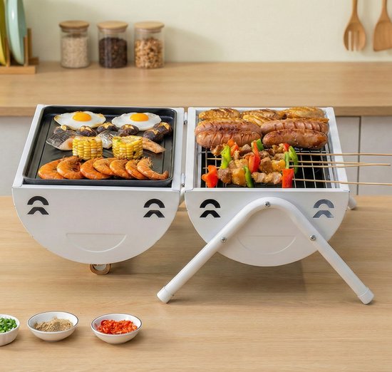 Luxe Draagbare Tafelbarbecue Houtskool - 2-in-1 Smoker & Open Grill - Met Grillplaat & Deksel - Compacte Camping BBQ voor Balkon & Park - Dubbel Grilloppervlak - Houtskool Barbecue - Ideaal voor Buiten - Houtskool BBQ - Wit, 25.5 x 37.5 x 39 cm