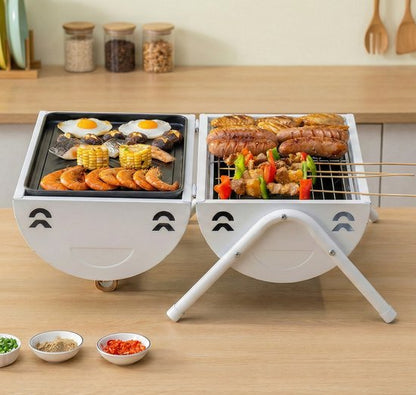 Luxe Draagbare Tafelbarbecue Houtskool - 2-in-1 Smoker & Open Grill - Met Grillplaat & Deksel - Compacte Camping BBQ voor Balkon & Park - Dubbel Grilloppervlak - Houtskool Barbecue - Ideaal voor Buiten - Houtskool BBQ - Wit, 25.5 x 37.5 x 39 cm