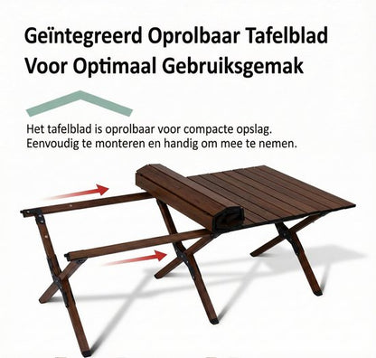 Aluminium Campingtafel 120 cm - Lichtgewicht Roltafel met Houtlook - Opvouwbaar & Compact voor 4-6 Personen - Belastbaar tot 100KG - Opvouwbare tafel Inclusief Draagtas voor Picknick & Tuin - 120x60x45cm - Bruin