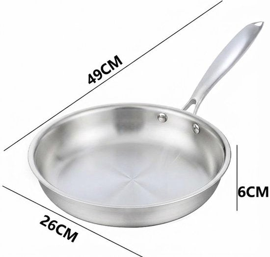 RVS Koekenpan Ø 26 cm - PFAS-vrije Bakpan Zonder Anti-aanbaklaag - Inductie & Ovenbestendig - Ideaal voor Vlees - Vaatwasserbestendig - Zilver