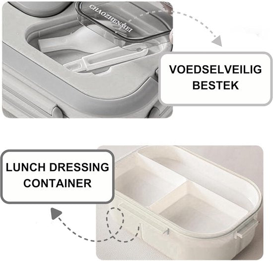 Lunchbox met sausbox ‌en bestek‌, Lekvrij Bento Box 1200ml voor Diepvries, Vaatwasser & Magnetronbestendig, met Silicone Afdichtring, Dubbele Laag met 6 Vakken Voor volwassenen en kinderen‌, ‌Wit-21*14.5*8.6cm