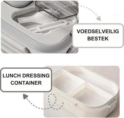 Lunchbox met sausbox ‌en bestek‌, Lekvrij Bento Box 1200ml voor Diepvries, Vaatwasser & Magnetronbestendig, met Silicone Afdichtring, Dubbele Laag met 6 Vakken Voor volwassenen en kinderen‌, ‌Wit-21*14.5*8.6cm
