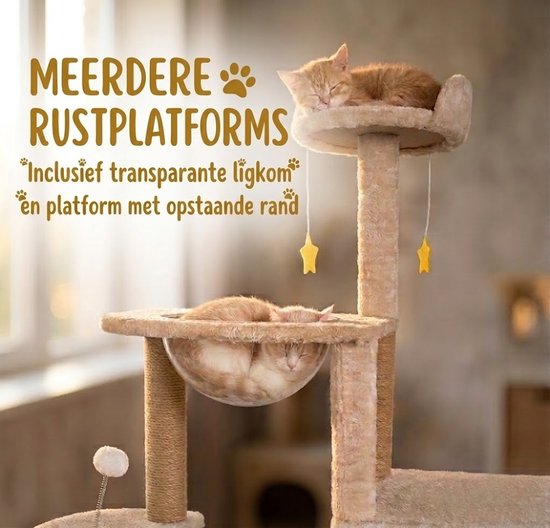 Grote Krabpaal met Ruimtecapsule en Kattenhuis - Krabpalen - Kattenmeubel - 7-Laagse Kattenboom - Natuurlijk Sisal - Extra Stabiel - Milieuvriendelijk Hout - Speelparadijs voor Binnenkatten - Beige