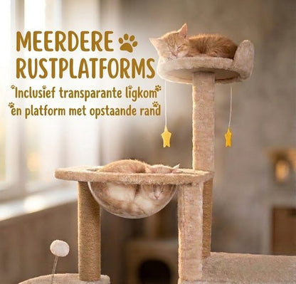 Grote Krabpaal met Ruimtecapsule en Kattenhuis - Krabpalen - Kattenmeubel - 7-Laagse Kattenboom - Natuurlijk Sisal - Extra Stabiel - Milieuvriendelijk Hout - Speelparadijs voor Binnenkatten - Beige