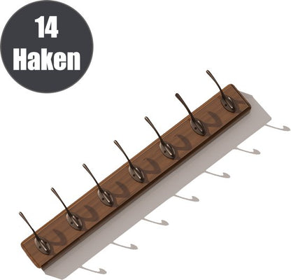 Houten Wandkapstok met 7xDubbele Haak, Wandgarderobe 70 cm Walnoot Massief Hout- Schroefvrije Montage, 25kg Draagvermogen, Aluminium Antiroest (Montagekit) - voor Badkamer/Deur/Garderobe