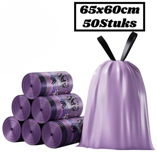 Paarse Vuilniszakken met Trekkoord - 45 Liter 50 Stuks - 65 x 60 cm - Extra Dikke Sterk HDPE Afvalzakken - Scheurvast & Lekvrij - Luxe Design - Voor Keuken & Kantoor - Ondoorzichtig & Discreet - Ideaal voor Restafval en Plastic