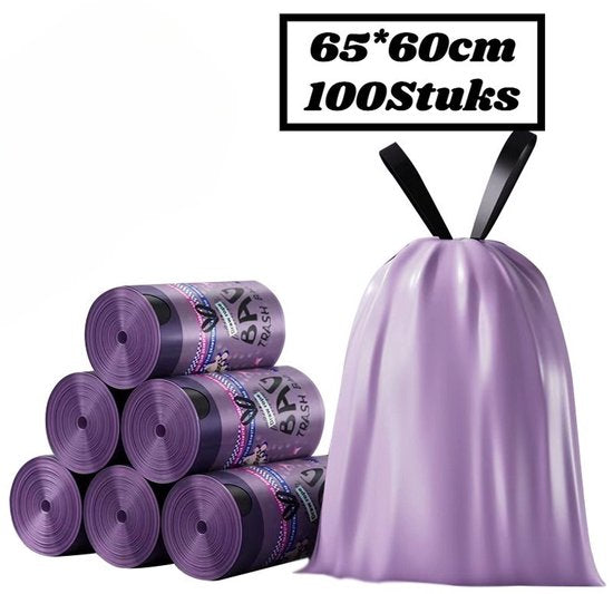 Paarse Vuilniszakken met Trekkoord - 45 Liter 100 Stuks - 65 x 60 cm - Extra Dikke Sterk HDPE Afvalzakken - Scheurvast & Lekvrij - Luxe Design - Voor Keuken & Kantoor - Ondoorzichtig & Discreet - Ideaal voor Restafval en Plastic