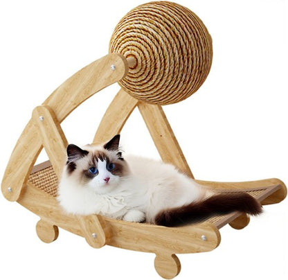 3-in-1 Krabplank voor Katten - Ergonomische Boogvorm Krabpaal met Jute Krabbal - Duurzaam Krabmeubel & Kattenmand - Slapen, Spelen & Krabben - Inclusief Kattenspeelgoed - Stevige Krabmat van Hout & Jute - 55x42x32 cm