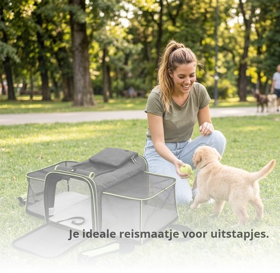 Grote Uitbreidbare Huisdier Reistas - 48x31x80 cm - Draagtas Hond - Draagtas Kat - Kattentas - Draagtas voor Katten & Kleine Honden - Tot 8kg - Opvouwbaar - Ventilerend - Met Bagageband & Schouderband - Met Opbergvakken - Groen