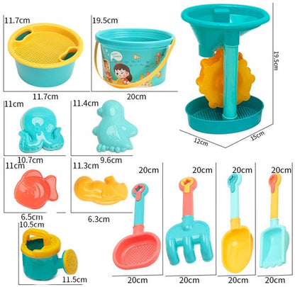 Zandspeelset 12-delige - Waterspeelset voor Kinderen – Compleet Pakket met Emmer, Gieter, Watermolen, Zandvormpjes en Schep voor Strand- en Tuinplezier - Zandbakken - Buitenspeelgoed - Speelgoed - Stevig Materiaal