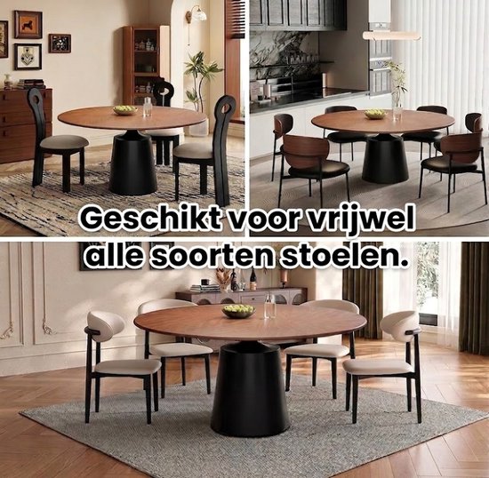 Ronde Eettafel 150 cm - Ronde eettafel 6-8 personen - Massief Hout & Carbonstaal - Retro Design - Industrieel en Modern Interieur - Robuust Zwart Onderstel - Duurzaam & Praktisch - Grote Eetkamertafel Hout - Ronde Keukentafel