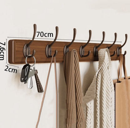 Houten Wandkapstok met 7xDubbele Haak, Wandgarderobe 70 cm Walnoot Massief Hout- Schroefvrije Montage, 25kg Draagvermogen, Aluminium Antiroest (Montagekit) - voor Badkamer/Deur/Garderobe