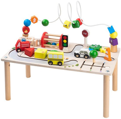 Houten Activity Center Speeltafel - 7-in-1 Educatief Montessori Speelgoed voor Peuters - Fijne Motoriek Training - Verkeer & Auto's Thema - Kralenframe & Vormenstoof - Educatief Activiteitenbord - Kraamcadeau - Baby Busy Board - 12 Maand +