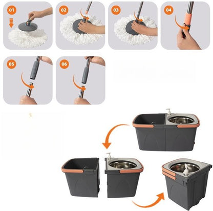 Dweilsysteem met Emmer - Mopsysteem&Mopset - Dweil met schoon en vuil water gescheiden - Roterende Vloerwisser met RVS Centrifuge - Met Zeepdispenser & Wateruitlaat - Incl. 2 Microvezel Pads - Telescopische Steel - Voor Alle Vloeren