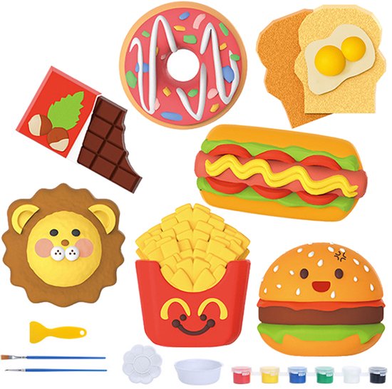 Craft Kit Magnet Making & Plaster Casting - DIY Creative Toy Set - Food Theme with Hamburgers, Donuts & Fries - Includes Paint & Shapes - Crafts for Kids - Fridge Magnets - Playset - Birthday Gift for Boys & Girls 