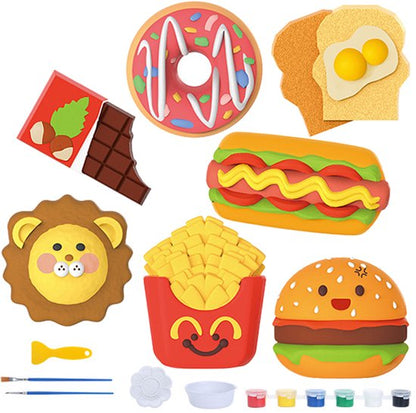 Craft Kit Magnet Making & Plaster Casting - DIY Creative Toy Set - Food Theme with Hamburgers, Donuts & Fries - Includes Paint & Shapes - Crafts for Kids - Fridge Magnets - Playset - Birthday Gift for Boys & Girls 