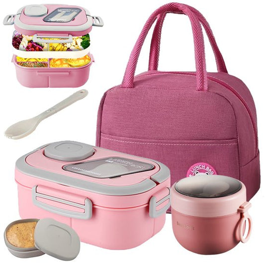 Lunchbox Set 1200+600ml voor Vaatwasser & Magnetronbestendig - Yoghurt en Muesli beker to go - broodtrommel met sausbox ‌en bestek‌ - Lunchpot met Isolerende Draagtas -Bento box voor volwassenen en kinderen‌ - Voor Werk, School, Picnic - Roze