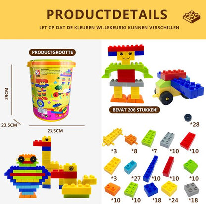 206-Delige Bouwstenen Set – Compatibel Bouwspeelgoed – Creatief Constructiespeelgoed voor Kinderen – Felle Kleuren & Diverse Vormen – Inclusief Opbergemmer