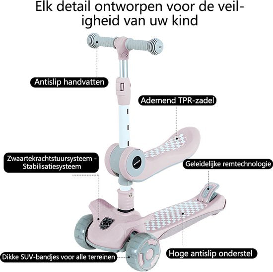 Kinderstep 3-in-1: Loopfiets + Driewieler + Step - Eénklaps Vouwbaar (Geen Montage!) - LED Lichtwielen - Verstelbaar 62-80cm - Veilig Laag Zwaartepunt - Geschikt 3-8 Jaar - Draagt 50kg - Zacht Roze