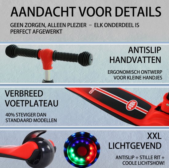 Kinderstep - 3 Lichtgevende LED Wielen - Hoogte Verstelbaar - Jongens/Meisjes - 4 Hoogtes (60-75cm) - Step Eénknops Opvouwbaar - Geschikt voor 2-9 Jaar - Rood