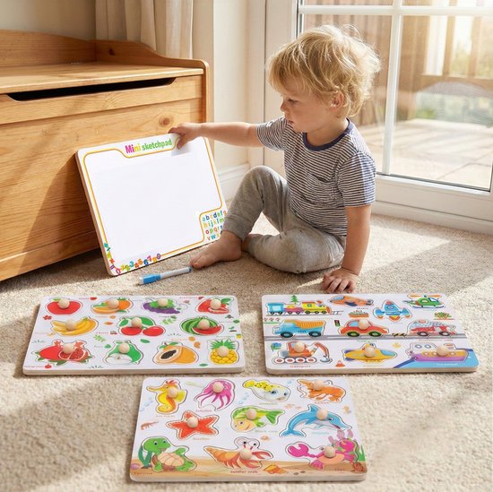 Educatieve Houten Knoppenpuzzel - Dieren - 2-in-1 Vormenpuzzel & Whiteboard inclusief Stift - Montessori Speelgoed voor Peuters - Blokpuzzel kind - Educatief Spel voor 3 4 5 6 7 Jaar - Ontwikkeling Fijne Motoriek