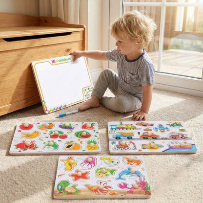 Educatieve Houten Knoppenpuzzel - Zeedieren - 2-in-1 Vormenpuzzel & Whiteboard inclusief Stift - Montessori Speelgoed voor Peuters - Blokpuzzel kind - Educatief Spel voor 3 4 5 6 7 Jaar - Ontwikkeling Fijne Motoriek