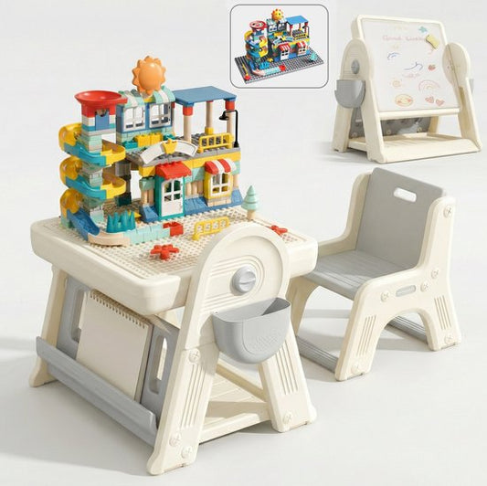 Kindertafel Met 1 Stoel + 2 Bakjes + 209 Grote Bouwstenen- 2-in-1 Bouwtafel & Leertafel - Speeltafel Geschikt voor Lego® & Duplo® blokken - Blokken Tafel Kinderen - Legotafel- zandtafel - watertafel - Ideaal Cadeau voor Verjaardagen, Wit