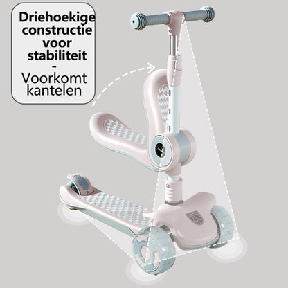 Kinderstep 3-in-1: Loopfiets + Driewieler + Step - Eénklaps Vouwbaar (Geen Montage!) - LED Lichtwielen - Verstelbaar 62-80cm - Veilig Laag Zwaartepunt - Geschikt 3-8 Jaar - Draagt 50kg - Zacht Roze