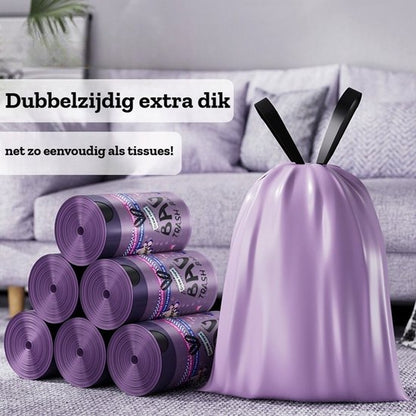 Paarse Vuilniszakken met Trekkoord - 45 Liter 100 Stuks - 65 x 60 cm - Extra Dikke Sterk HDPE Afvalzakken - Scheurvast & Lekvrij - Luxe Design - Voor Keuken & Kantoor - Ondoorzichtig & Discreet - Ideaal voor Restafval en Plastic