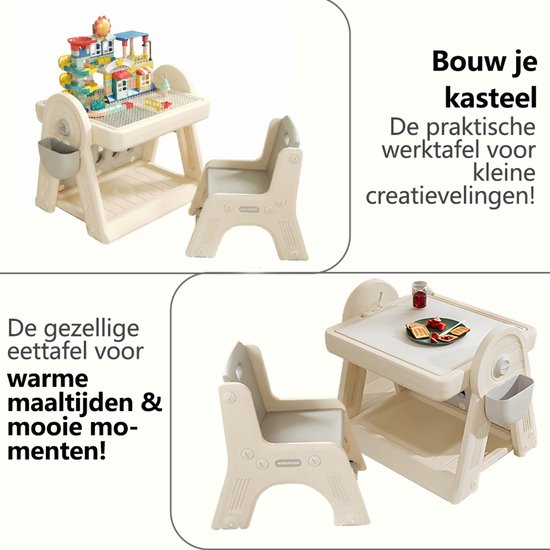 Kindertafel Met 1 Stoel + 2 Bakjes + 209 Grote Bouwstenen- 2-in-1 Bouwtafel & Leertafel - Speeltafel Geschikt voor Lego® & Duplo® blokken - Blokken Tafel Kinderen - Legotafel- zandtafel - watertafel - Ideaal Cadeau voor Verjaardagen, Wit