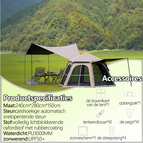 Pop-up Familietent met XXL Zonnescherm - 4-Persoons Koepeltent - Opzetten in 3 Seconden - Inclusief Voorluifel voor Extra Leefruimte - Waterdichte kampeertent - pop up tent voor Kamperen - festival tent + Draagtas - Kaki