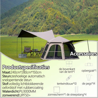 Pop-up Familietent met XXL Zonnescherm - 4-Persoons Koepeltent - Opzetten in 3 Seconden - Inclusief Voorluifel voor Extra Leefruimte - Waterdichte kampeertent - pop up tent voor Kamperen - festival tent + Draagtas - Kaki