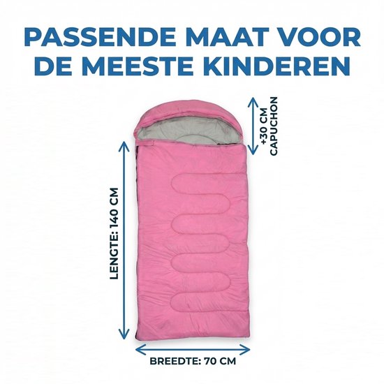 Lichtgewicht Slaapzak 1kg voor Kinderen - Compacte Envelop Slaapzak met Capuchon - 170x70 cm - Waterafstotend 380T Nylon - 4 Seizoenen - Machine Wasbaar - Ideaal voor Kamperen, Logeren & Wandelen - 2×Wegs Rits Inclusief Compressiezak - Roze