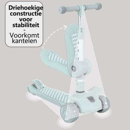 Kinderstep 3-in-1: Loopfiets + Driewieler + Step - Eénklaps Vouwbaar (Geen Montage!) - LED Lichtwielen - Verstelbaar 62-80cm - Veilig Laag Zwaartepunt - Geschikt 3-8 Jaar - Draagt 50kg - Licht Mintgroen