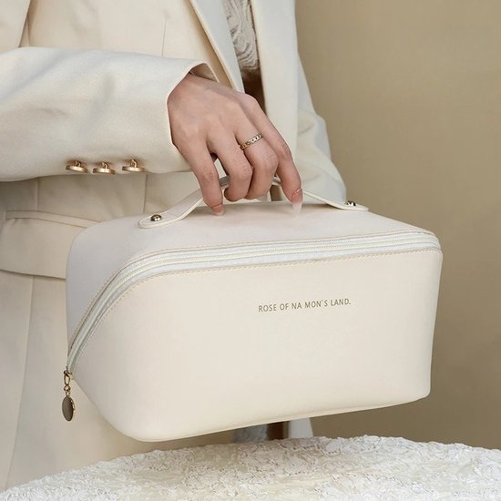Make-up Tas Dames & Meisjes - Grote Toilettas voor Reizen & Vakantie - Beauty Case met Grote Opening - Cosmetica Organizer met Vakken - Waterafstotend PU Leer - Reis Etui voor Make up & Verzorging - Handige Badkamer Opbergtas - Beige
