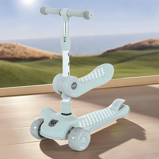 Kinderstep 3-in-1: Loopfiets + Driewieler + Step - Eénklaps Vouwbaar (Geen Montage!) - LED Lichtwielen - Verstelbaar 62-80cm - Veilig Laag Zwaartepunt - Geschikt 3-8 Jaar - Draagt 50kg - Licht Mintgroen