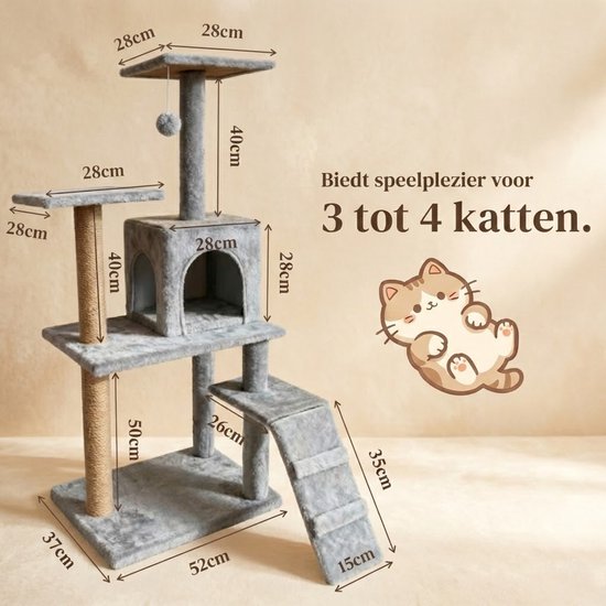 Krabpaal voor Katten - 52x38x120 cm - Krabpalen - Kattenmeubel - Krabboom - met Kattenhuis, Sisalpalen en Trapje - Stabiele Kattenboom - Meerdere Niveaus - Speeltoestel met Speelballetje - Zacht Pluche - Geschikt voor Kittens en Volwassen Katten